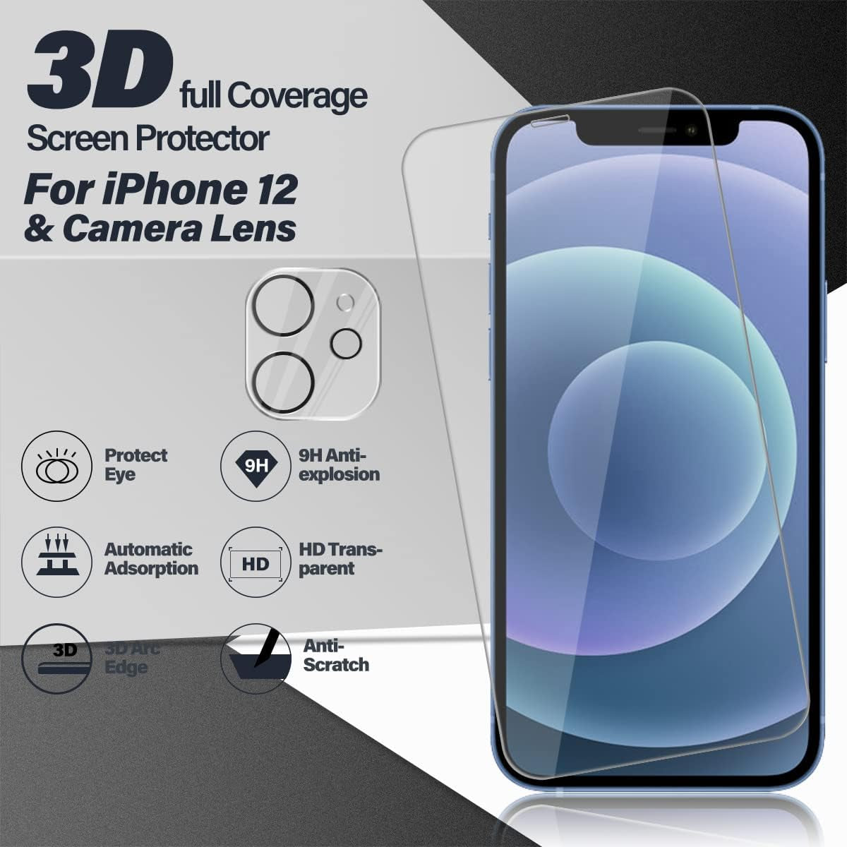 Compatible with Iphone 12 Screen Protector + Camera Lens Protectors, [2 + 2 Pack] Premium HD Clear Tempered Glass, Anti-Bubble 3D Curved Accuracy Film for Iphone 12 (6.1 Inch)