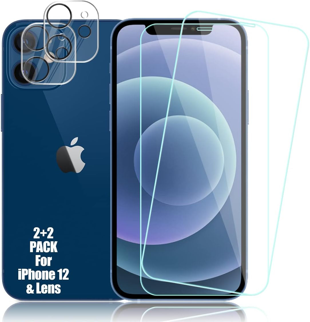 Compatible with Iphone 12 Screen Protector + Camera Lens Protectors, [2 + 2 Pack] Premium HD Clear Tempered Glass, Anti-Bubble 3D Curved Accuracy Film for Iphone 12 (6.1 Inch)